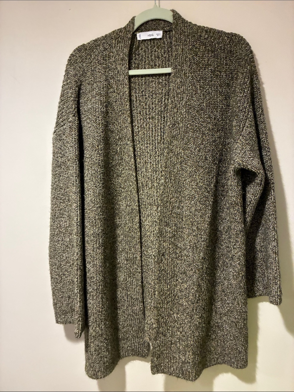 Mango Open-Front Marled Gray Cardigan Heavy GranpaCore 3/4 Sleeves L Worn 1